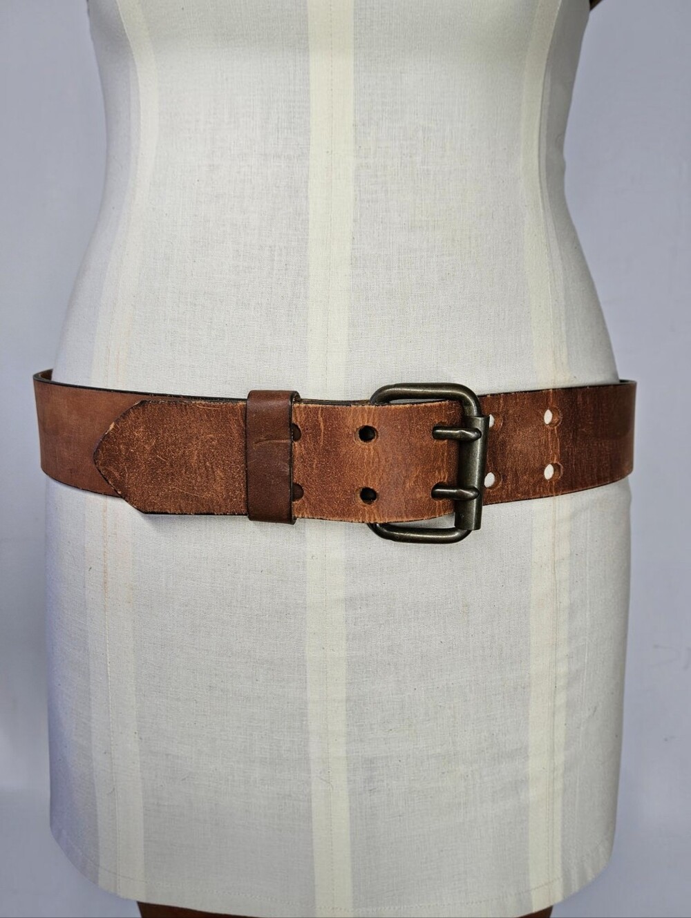 Belt 38-40" Heavyweight Steerhide Leather Bulky Strong Brass Double Buckle USA